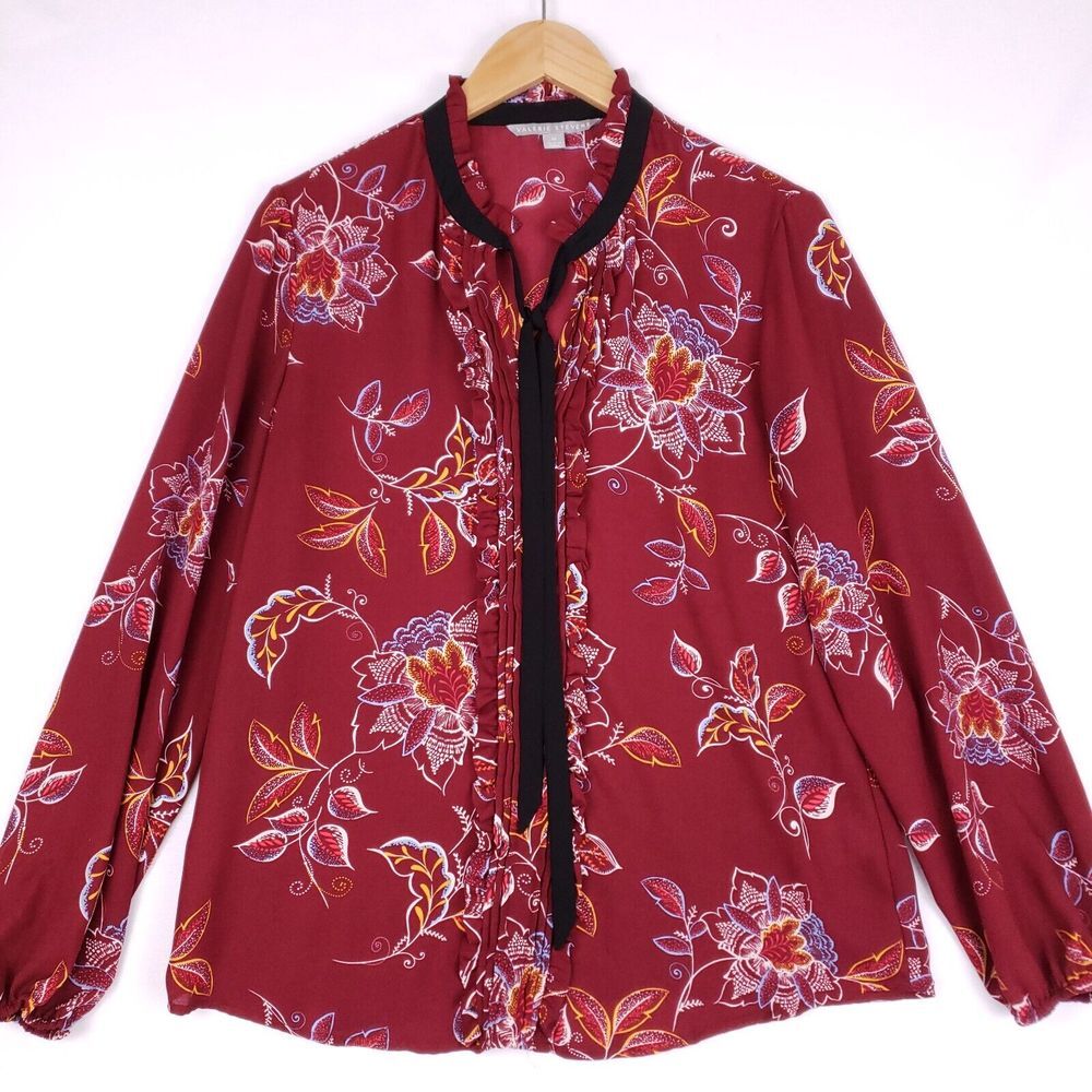 Valerie Stevens Floral Ruffle Blouse Womens Red Long Sleeve Button Front Size M